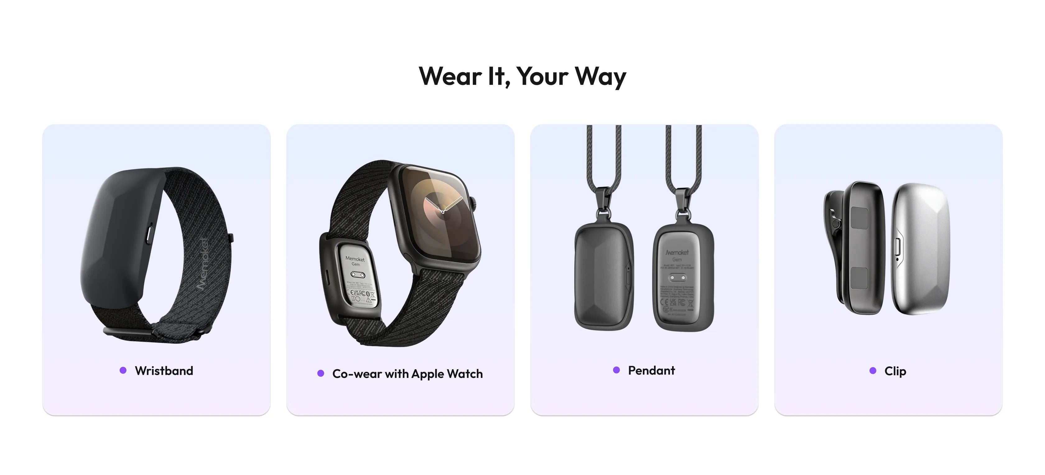 リストバンド、Apple Watch、ペンダント、クリップでの装着方法。