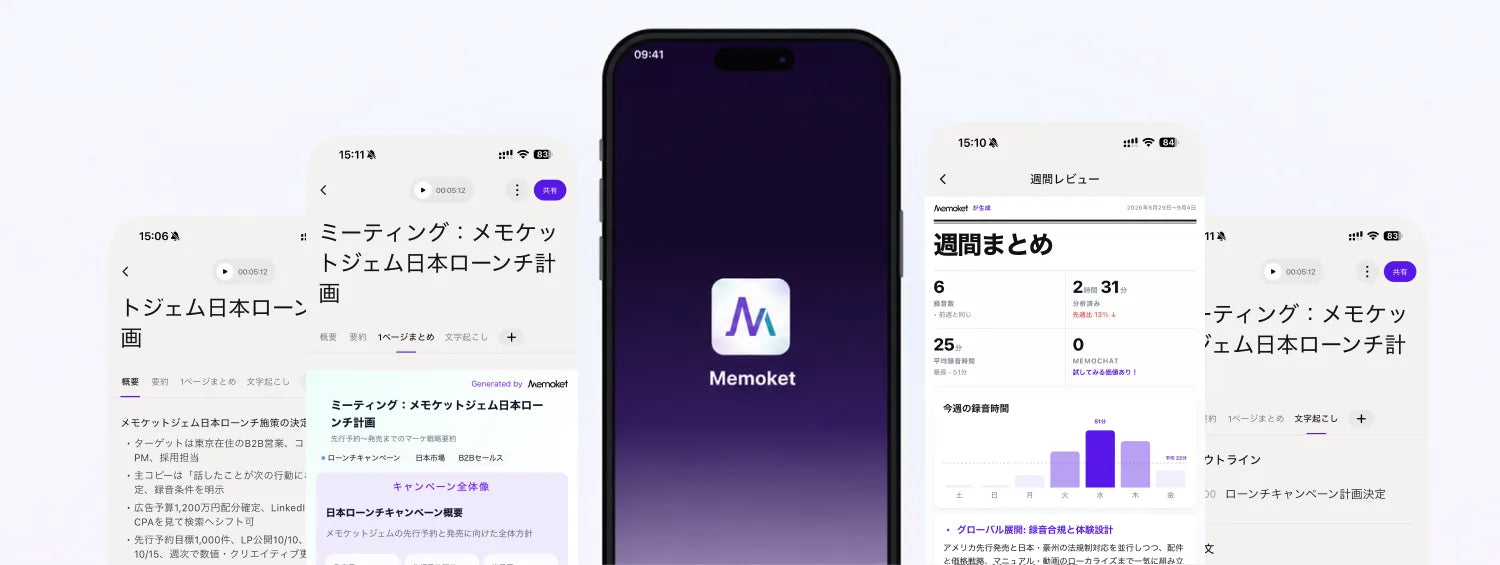 会話の記録、1週間の振り返り、生成されたノートを表示するMemoketアプリ画面