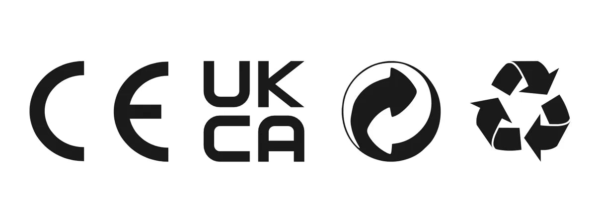 CE、UKCA、およびリサイクルの適合マーク