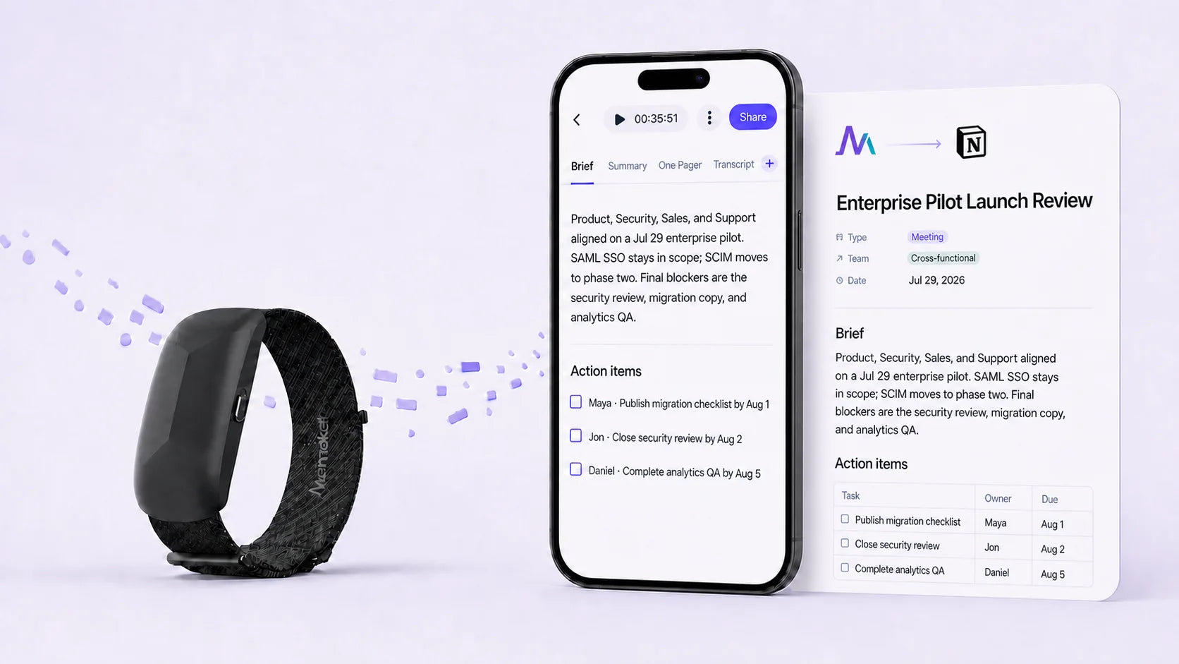 Memoket Gemで会話を記録し、Memoketアプリで読みやすいまとめを作成。そのまとめがNotionに表示されます